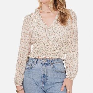 REVOLVE 1.State Floral Smocked V-Neck Long Sleeve Top - Cream/Pink